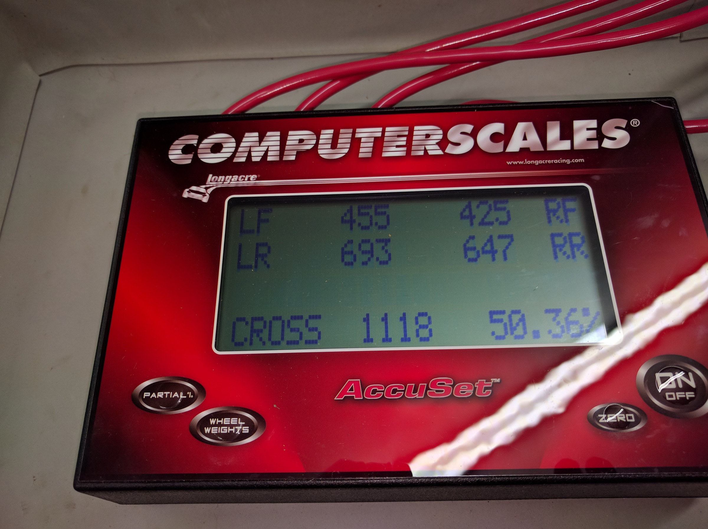 Longacre digital corner-balance scale readout showing corner weights and cross-weight percentage